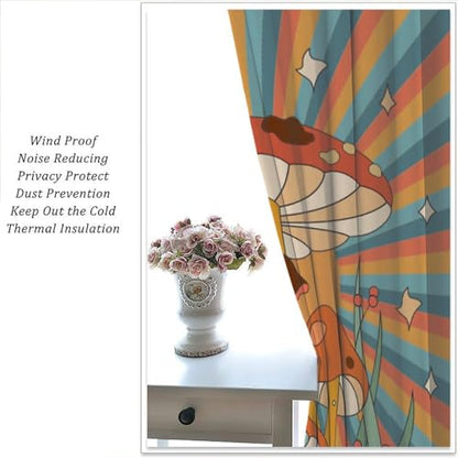 Boho Mushroom Curtains, 1970s Retro Sunset Rainbow Boho Herbs Flowers Blue Yellow Abstract Geometric Print Blackout Window Drapes for Kids Bedroom Living Room 42x45 Inch - color: Retro Mushroom-3, size: 21"W x 45"L (Pack of 2)
