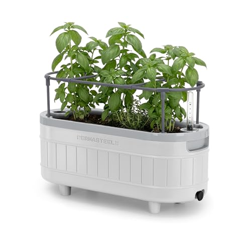 Permasteel Herb Garden Planter with Trellis Support, Self-Watering System with Water Level Indicator, Fits Multiple Herb Plants, for Basil, Flowers, Succulents, Indoor & Outdoor, White - color: White