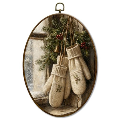 JQF Farmhouse Winter Christmas Mittens Oval Wall Decor Framed 8.5x11.5 Inch - color: Gloves-1