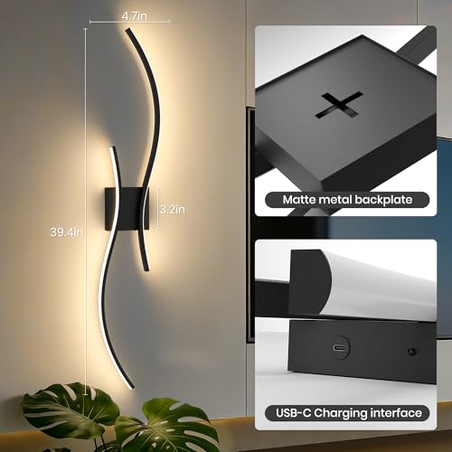 10000mAh Battery Operated Wall Sconces Set of 2, Black, 39.4 Inch - color: Black, size: 39.4in