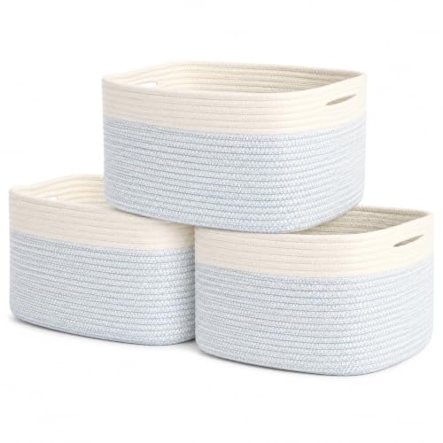 OrganiHaus Cotton Rope Baskets for Shelves, Set of 3, 15x9x10 - color: Blue / Off-White