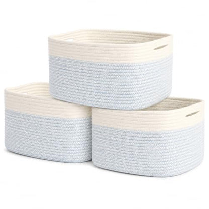 OrganiHaus Cotton Rope Baskets for Shelves, Set of 3, 15x9x10 - color: Blue / Off-White