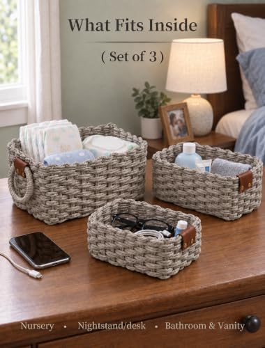 Small Wicker Baskets, 3 PCS Paper Rope Baskets for Shelves, Gray - color: Gray