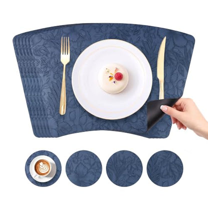 Faux Leather Set of 6, Placemats with Carving Floral Design - color: Dark Blue