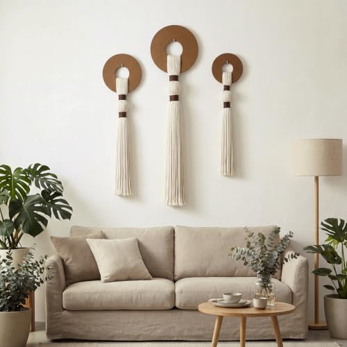 Tegeme 3 pcs Macrame Wall Hanging decor, Disc Tassel, Beige, Wood - size: Wood, style: Disc Tassel