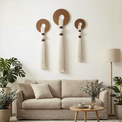 Tegeme 3 pcs Macrame Wall Hanging decor, Disc Tassel, Beige, Wood - size: Wood, style: Disc Tassel