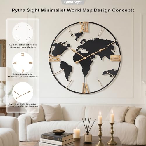 Pytha Sight 36 Inch Large Extra Metal Oversized Roman World Map Wall Clock - color: Black Roman, size: 36 inch