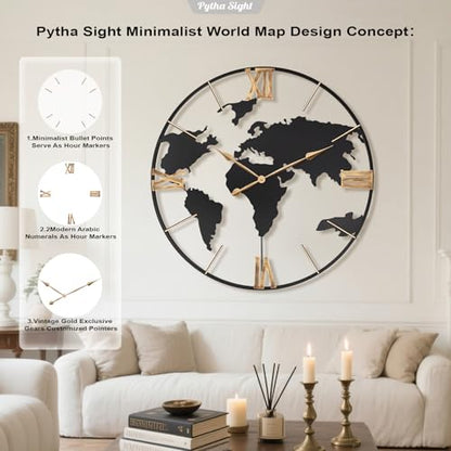 Pytha Sight 36 Inch Large Extra Metal Oversized Roman World Map Wall Clock - color: Black Roman, size: 36 inch