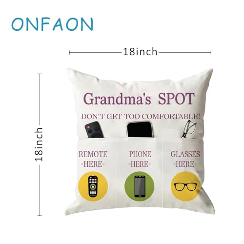 ONFAON Grandma Gifts, Grandma's Spot Throw Pillow Covers 18x18 Inch,Put Phone Glasses and Remote Control Pillowcase,Birthday Christmas Thanksgiving Day Gifts for Grandma Mom,3-Pocket - color: Grandma 3-pocket