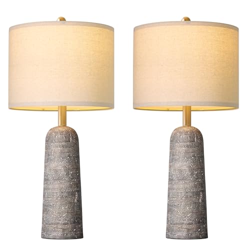 BOBOMOMO 27.25" Modern Table Lamp Set of 2, Light Grey Resin Table Lamps with Stone Look, Lamps for Living Room with Linen Shades, Bedroom Nightstand Lamps, Table Lamps for Living Room End Tables - color: Light Gray, size: 27.25"