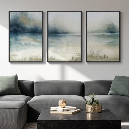 Large Framed Blue Abstract Landscape Wall Art, 3 Piece Set, Each 20x30 In - color: Misty Lake, size: 20" W x 30" H x 3pcs