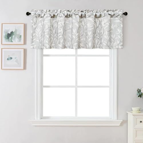 VOGOL Curtain Valances Leaves Meticulous Printed Window Curtains for Kitchen, Top Rod Pocket 60 x 18 Valance for Farmhouse Small Window, Grey, One Panel - color: Grey, size: 60"W x 18"L (Pack of 1)