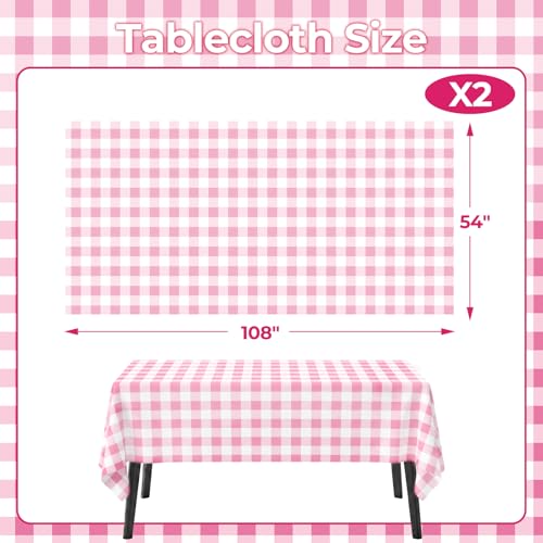 Pink Gingham Tablecloth 2 Pack, 54 × 108 in Rectangular Red and White Checkered Tablecloths, Disposable Plastic Pink Plaid Table Cover for Birthday Party, Picnic, Camping - color: Pink Gingham