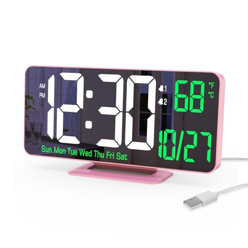 KOSUMOSU Pink Digital Clock 6.7in Desk Clock with Dual Alarm Clock, Dimming, 12/24h, Date, Day of Week, Temp, Digital LED Clock, Alarm Clock for Table, Digital Calendar Table Clocks for Bedrooms - color: Pink Clock
