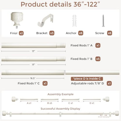 Antique White Wood Curtain Rod 36-122 Inch, Farmhouse Drapery Rods - color: Off White, size: 36"-122" (1 Pack)