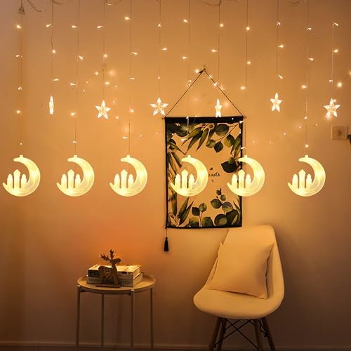 Dazzle Bright Moon Star and Fairy Tale Castle String Lights, 138 LED Muslim Curtain Fairy String Lights, 8 Lighting Modes for Home Holiday Ramadan Christmas Wedding Party Xmas Eid Decorations(USB) - size: Castle