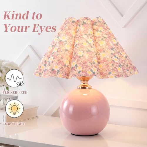 Pink Ceramic Small Table Lamp for Small Space, Cute Bedside Lamps Nightstand Mini Lamps, Scalloped Shade Lamp for Kitchen Counter, Bookshelf, Kids Dorm - color: Pink