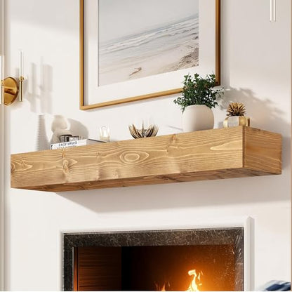 48x8x5in Pine Wood Fireplace Mantel Shelf, Natural Wood - color: Natural Wood, size: 48x5x8-hollow