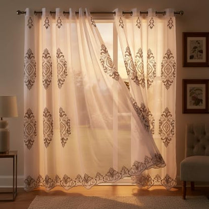 J&V TEXTILES Embroidered Curtain Set, 2 Panel Drapes with Backing & Valance, Medallion Pattern (White) - color: White