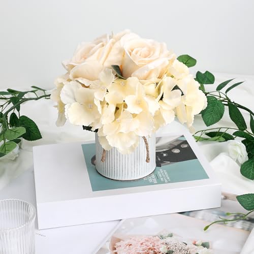 Flower Table Centerpieces - Set of 6 Floral Arrangement Artificial Wedding Hydrangeas Floral Arrangement with Rustic Metal Vase for Bridal Tea Party Event Decorations - Champagne (Pack of 2)