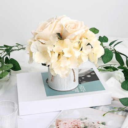 Flower Table Centerpieces - Set of 6 Floral Arrangement Artificial Wedding Hydrangeas Floral Arrangement with Rustic Metal Vase for Bridal Tea Party Event Decorations - Champagne (Pack of 2)