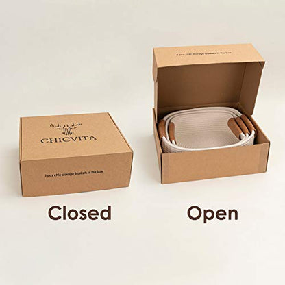 CHICVITA 3 Pack Woven Rope Gift Basket with Leather Handles, White - color: White, size: 11.4 x 10.6 x 5.5 Inch (3 Pack)