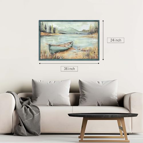 HILL WEST Farmhouse Nature Painting Lake Boat Framed Wall Art, 36x24inch - color: Boat, size: 36"L x 24"W
