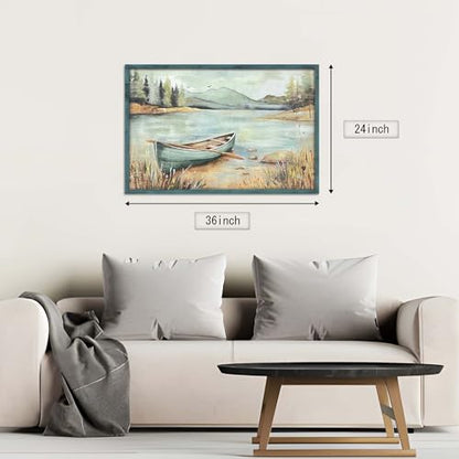 HILL WEST Farmhouse Nature Painting Lake Boat Framed Wall Art, 36x24inch - color: Boat, size: 36"L x 24"W