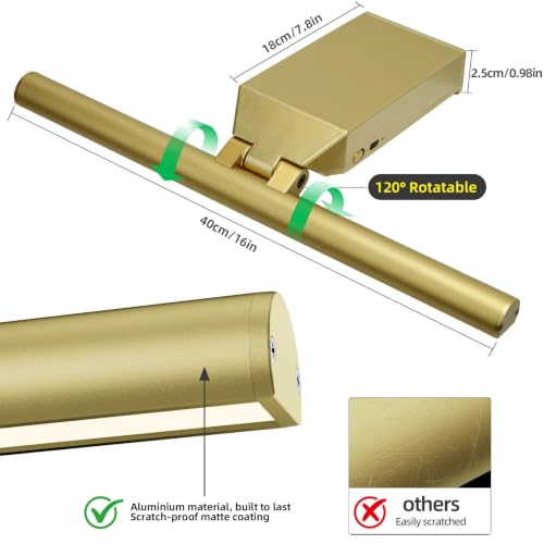 16" Picture Lights for Wall - 10000mAh Rechargeable Art Light - color: Gold, size: 16inch
