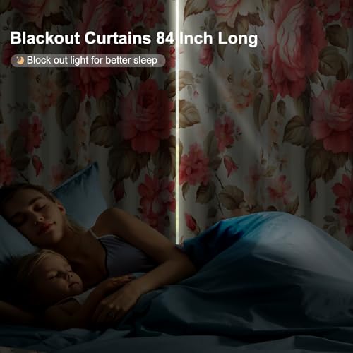 Pink Rose Blackout Curtains for Girls Room and Nursery, Floral Living Room Darkening Curtains 84 Inch Long 2 Panels Set, Spring and Summer Soundproof Thermal Insulated Bedroom Curtains with Tiebacks - color: Pink Peonies