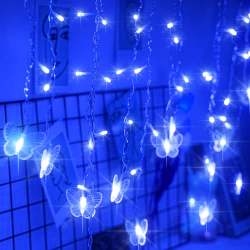 Butterfly Curtain Fairy Lights USB Plug in,8 Modes 120 LED 20FT Firefly Twinkle Timer String Lights with Remote, Waterproof Copper Wire for Bedroom Patio Christmas Wedding Party(Blue) - color: Blue