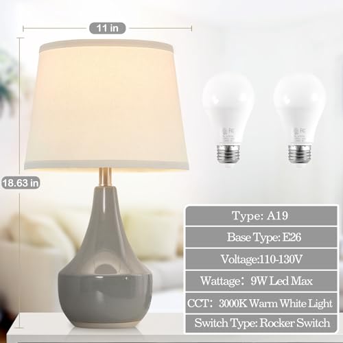 GyroVu 18" Table Lamp Set of 2, Ceramic Table Lamp Classic Beside Lamps Nightstand Lamp Modern Lamp for Living Room, Bedroom & Office Rocker Switch Grey-LED Bulbs Included - color: 18.63" Grey