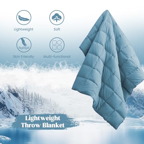 puredown® Soft Feather Down Throw Blanket Lightweight Packable Couch Throw for Indoor and Outdoor Use, Throw 50"X70", Blue, 12oz - color: Blue, size: Throw