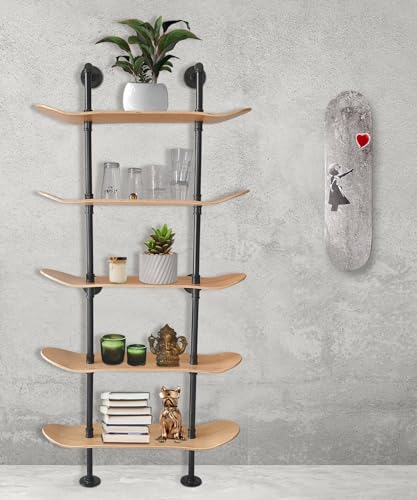 Industrial Pipe Bookcase, 5 Tier Shelf, Natural Wood Stain Finish - size: 5 Tier Shelf