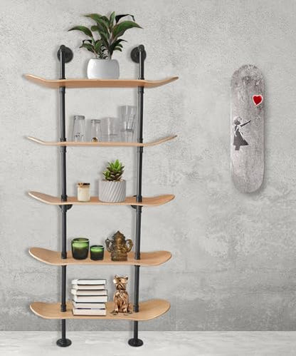 Industrial Pipe Bookcase, 5 Tier Shelf, Natural Wood Stain Finish - size: 5 Tier Shelf