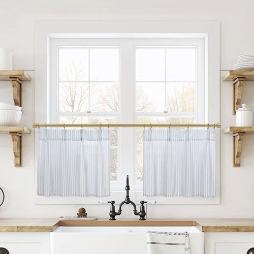 Lino Rosa 18 Inch Length Striped Kitchen Pinch Pleat Small Curtains with Hooks for Bathroom Windows,Light Blue - color: Light Blue, size: 24"W x 18"L (Pack of 2)