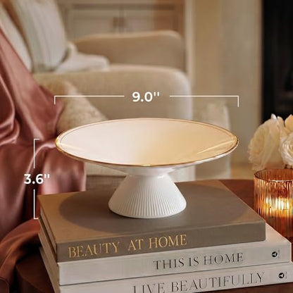 DOWAN 9 Inch Gold Rimmed Footed Decorative Bowl, 42% Bone China Fruit Bowl with Double Gold Line Design, European Ceramic Bowl for Entryway Coffee Table Decor & Storage, Dishwasher Safe