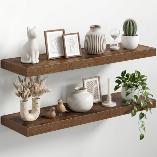 Fun Memories 12" Deep Floating Shelves for Wall, 40" Long Rustic Brown Wood Wall Shelves, Set of 2, 2" Thick Rustic Storage & Display Shelves with Invisible Brackets for Living Room Bedroom Kitchen - color: Brown, size: 40"L x 12"D x 2"H