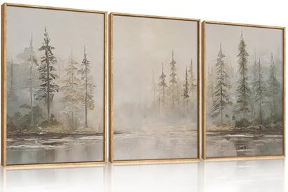 HPNIUB Large Neutral Misty Pine Tree Framed Canvas Wall Art Set -24"x36"x3 - color: Retro Forest Wall Art, size: 24"L x 36"W