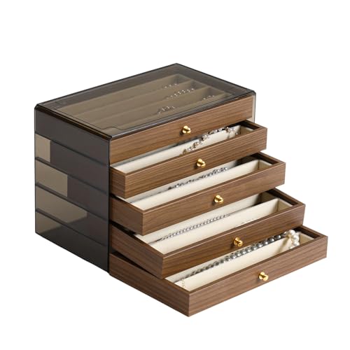 CLUQMEIK 5 Layer Necklace Jewelry Box, Vintage Wooden Jewelry Box with Acrylic Cover Stackable Necklace Storage Organizer for Women and Girls to Storing Necklaces - color: N, size: 5 Drawer