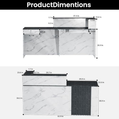 62.9"Reception Desk with Vertical Slat Panels for Office, Salon & Lobby - color: White Marble/Blue-gray Marble, size: 62.9''L x 23.6''W x 39.3''H