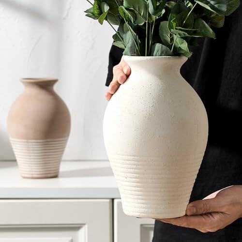 Ceramic Rustic Farmhouse Vase, 9.2 inch Whitewashed Terracotta Vase - color: Off-white