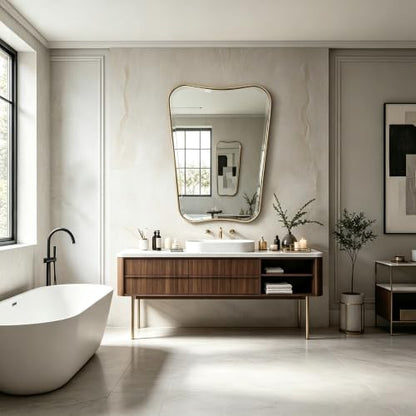 POZINO 48"x30" Premium Large Brushed Gold Bathroom Beveled Mirror - color: Brushed Gold Irregular, size: 48"L x 30"W