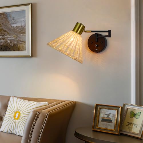 Plug in Rattan Wall Sconce Swing Arm Wall Lamp, Black - color: Black+Rattan Shade