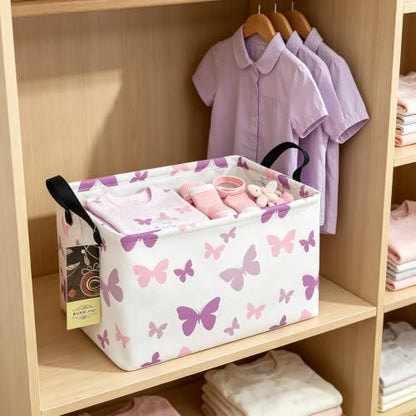 Rectangle Foldable Storage Basket Handles For Home, Butterfly - color: Rec-Purple Butterfly