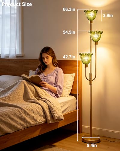 Glass Floor Lamp 66IN 3-Light Modern Green Glass Gold Dimmable Floor Lamps - color: Green Flower-Gold