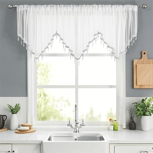 WUBODTI Sheer Beaded Curtain Valances for Windows Doorways, Boho Crystal Bead Door Curtains Rod Pocket Semi Sheer Voile Swag Valances for Kitchen Living Room Bedroom Bathroom, 3PCS White Each 51x24 - color: White