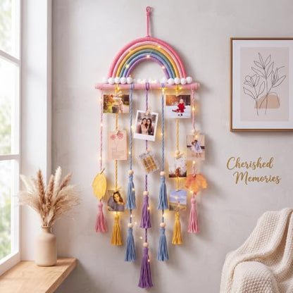 Rainbow Macrame Wall Decor Hanging Photo Display with Light Tassel