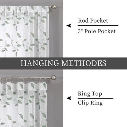 Tollpiz Sage Green Leaf Sheer Curtain Bedroom Short 38 x 45 Inches - color: Sage Green, size: 38"W x 45"L (Pack of 2)