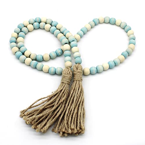 CVHOMEDECO. Wood Beads Garland with Tassels Farmhouse Rustic Wooden Prayer Bead String Wall Hanging Accent for Home Festival Decor. Teal Mix Distressed - color: Teal Mix Distressed